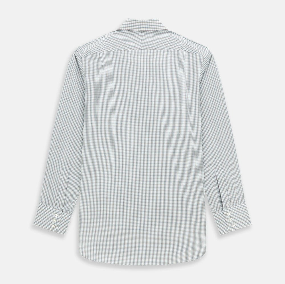 The Turnbull & Asser Forest Green with Multi-Hued Graph Check Mayfair Shirt is a long-sleeve button-up with a classic collar and buttoned cuffs, featuring fine British craftsmanship, shown flat on a white background.