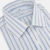 View 2 of product The Turnbull & Asser Navy and Blue Multi Stripe Mayfair Shirt features long sleeves, a T&A collar, and buttoned cuffs, shown against a white background.