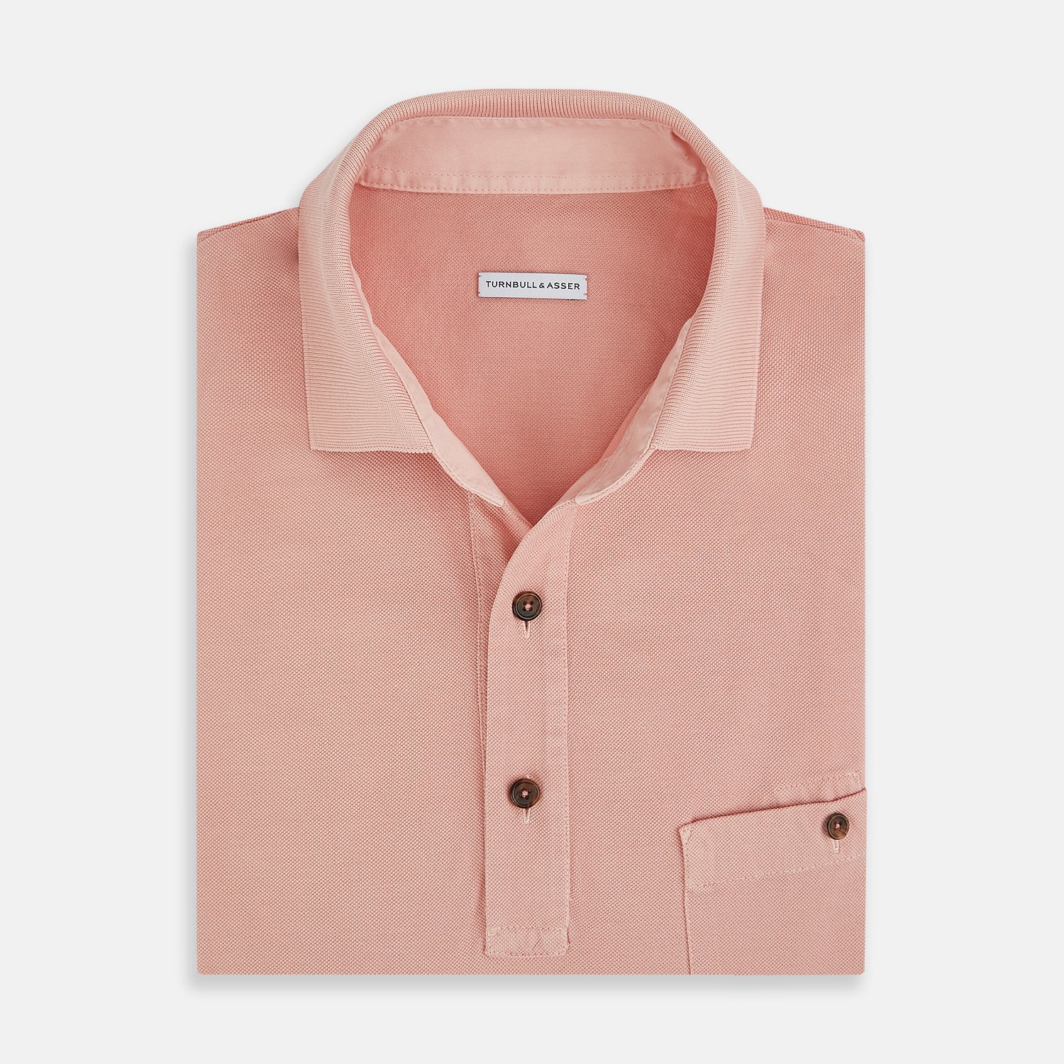 View 4 of product The Orange Polo Shirt by Turnbull & Asser features short sleeves, a collar, three-button placket, and a small buttoned chest pocket in soft cotton jersey—timeless men's style laid flat on a white background.