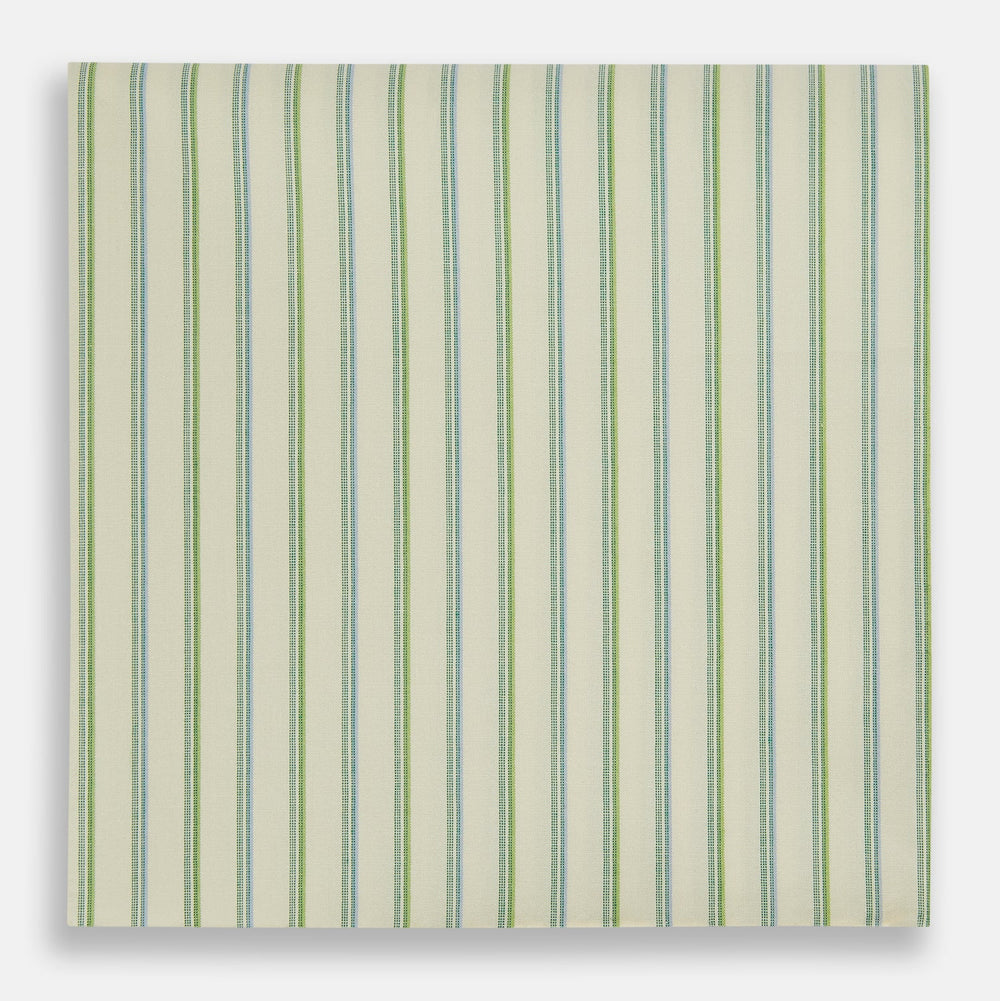 The Turnbull & Asser Hand Rolled Green Double Stripe Handkerchief features a white cotton base with green and blue stripes, neatly folded for use as a refined pocket square—an essential accessory for any gentleman.