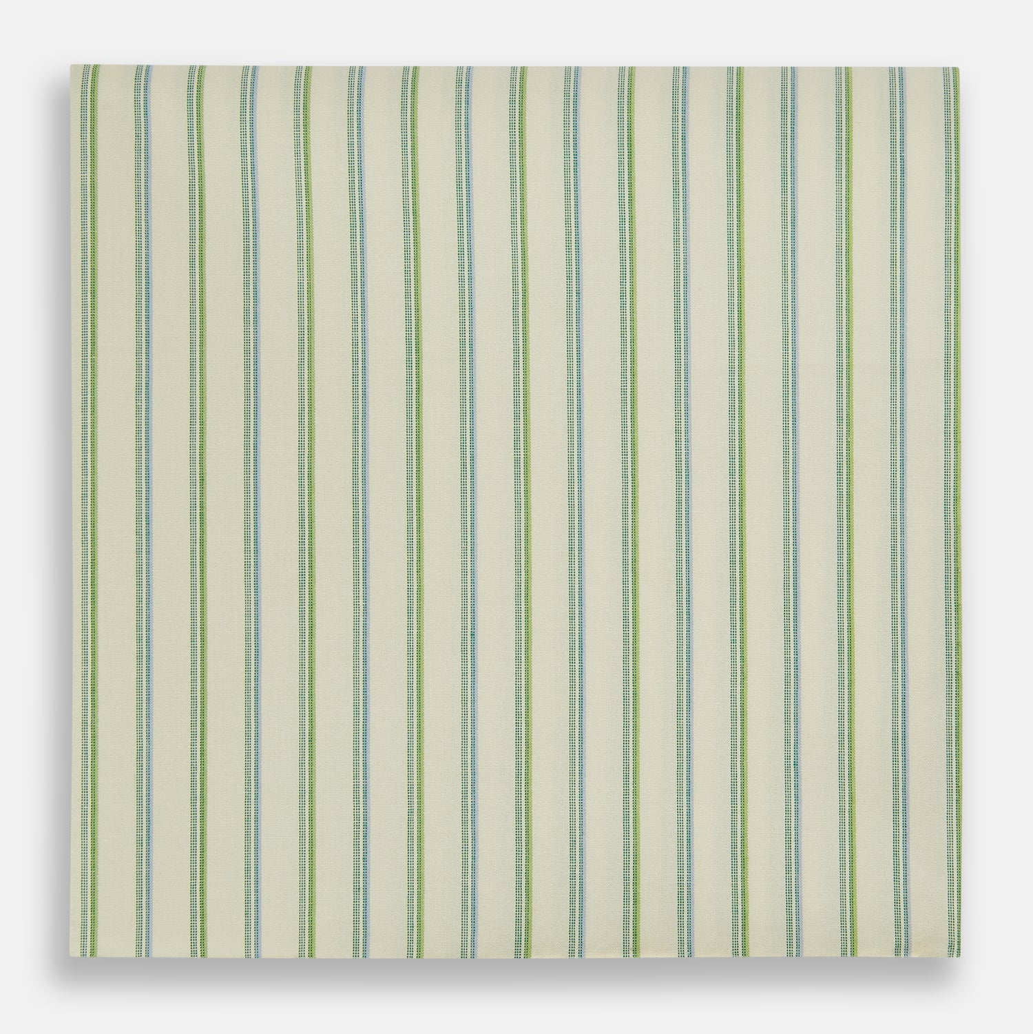 View 1 of product The Turnbull & Asser Hand Rolled Green Double Stripe Handkerchief features a white cotton base with green and blue stripes, neatly folded for use as a refined pocket square—an essential accessory for any gentleman.