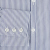 View 4 of product The Turnbull & Asser Navy and White Stripe Westminster Shirt features thin vertical stripes, a Turnbull collar, long sleeves, and classic British craftsmanship, shown flat on a white background.