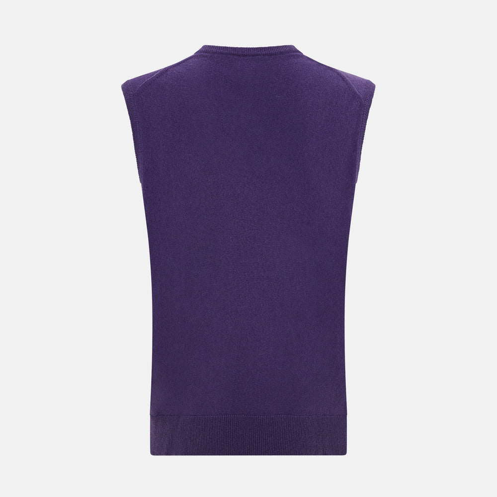 The Turnbull & Asser Purple Cashmere V-Neck Vest for men is shown against a white background. Featuring a ribbed hem and clean lines, this sleeveless jumper is ideal for layering in cooler weather.