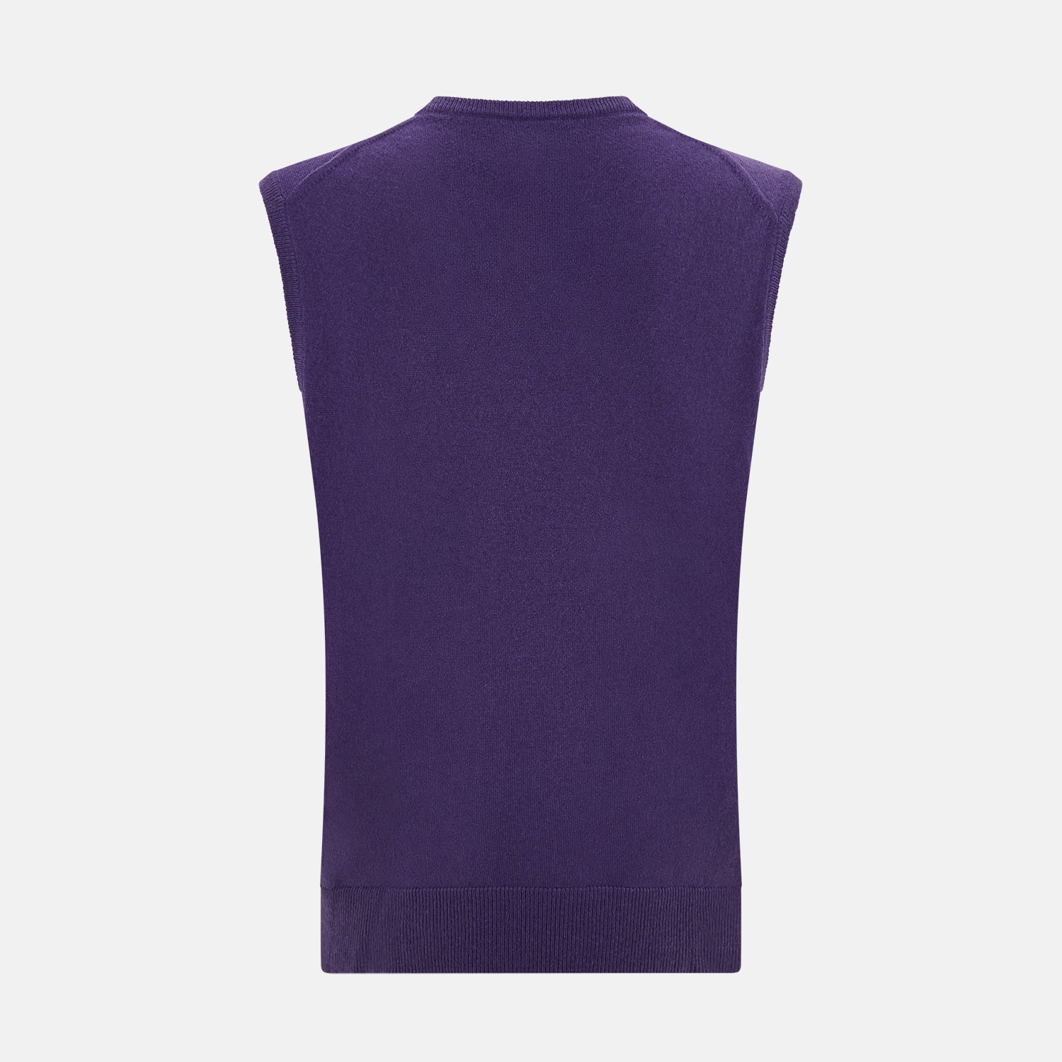 View 3 of product The Turnbull & Asser Purple Cashmere V-Neck Vest for men is shown against a white background. Featuring a ribbed hem and clean lines, this sleeveless jumper is ideal for layering in cooler weather.