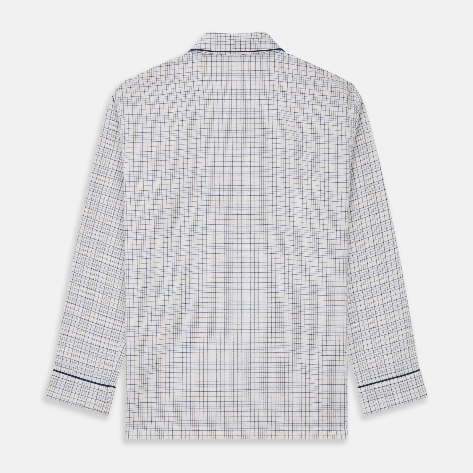 View 6 of product The Turnbull & Asser Blue Multi Check Cotton-Cashmere Modern Pyjama Set features a two-piece design with a long-sleeve button-up top with breast pocket and matching elastic-waist pants in a blue and white check pattern.