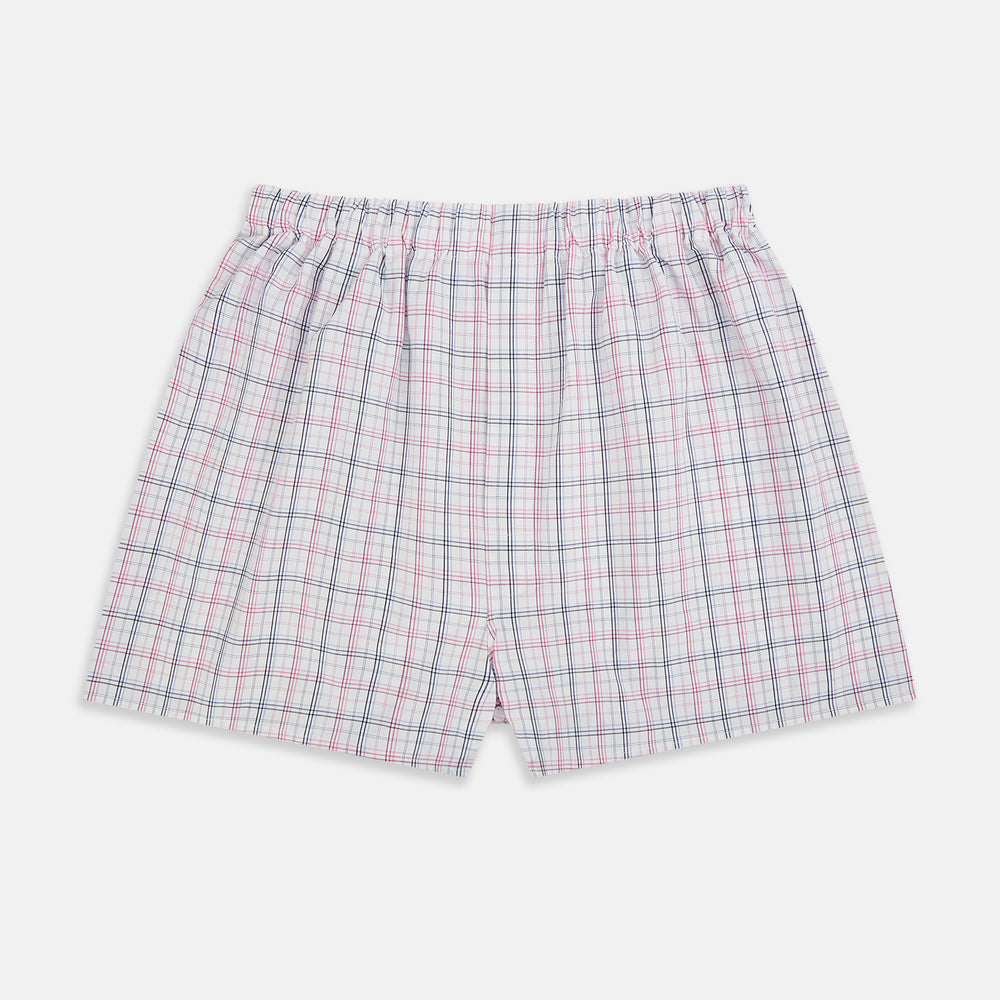 Turnbull & Asser Pink Multi Graph Check Godfrey Boxer Shorts are men's designer boxers with an elastic waistband and multi-color plaid, crafted for comfort and shown laid flat on a white background.