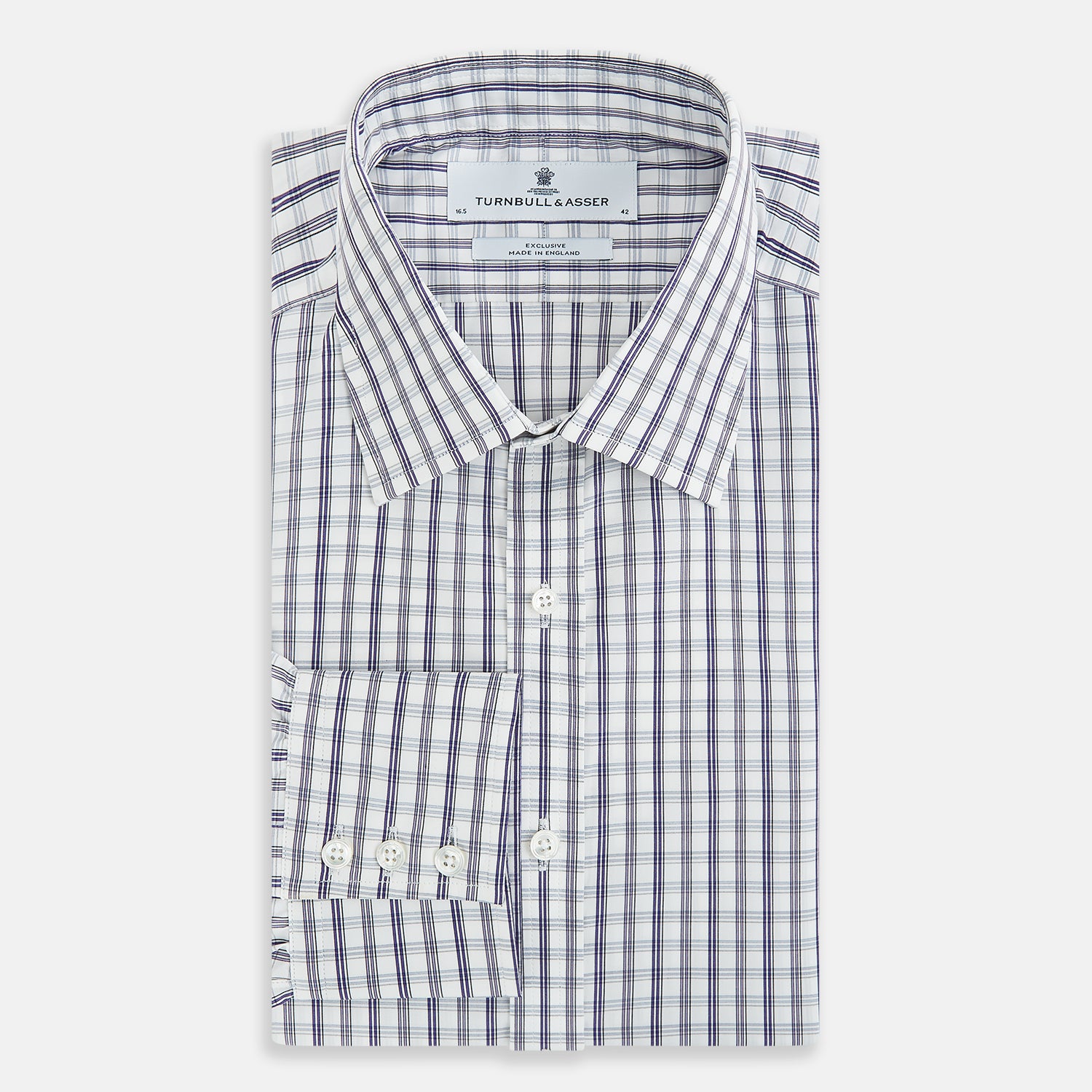 View 5 of product The Turnbull & Asser Purple Multi Check Mayfair Shirt is a long-sleeved, button-up cotton shirt with a collar and purple check pattern, perfect for formal wear and shown against a plain white background.