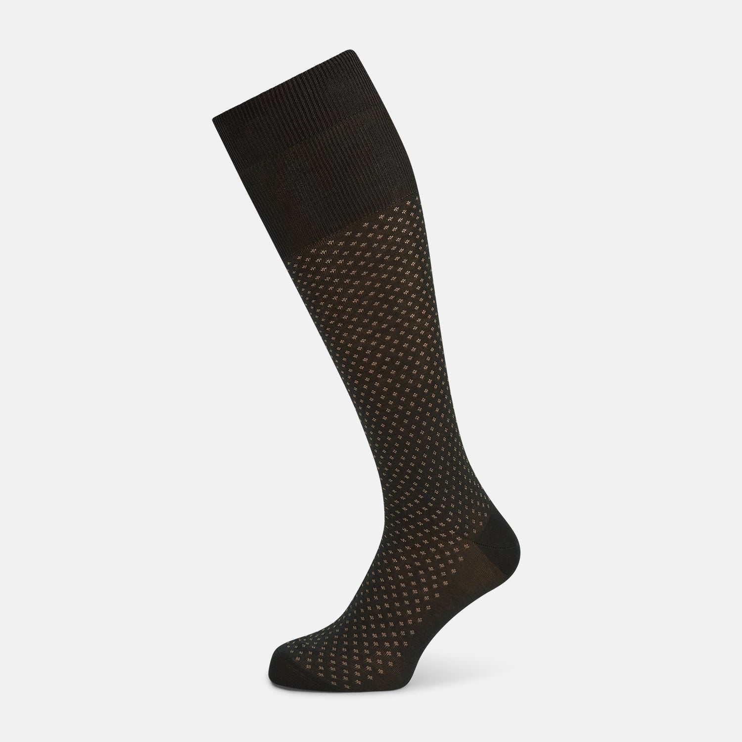 View 1 of product A single Forest Green Motif Long Sock from Turnbull & Asser, crafted from soft mercerised Egyptian cotton, features a subtle pattern, ribbed cuff, and left-foot shaping, displayed on a light background.