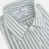 View 2 of product The OLIVE & SAGE GREEN MULTI TRACK STRIPE WESTMINSTER SHIRT by Turnbull & Asser features a classic Turnbull collar and long sleeves, showcasing British craftsmanship with its striped design, presented against a white background.