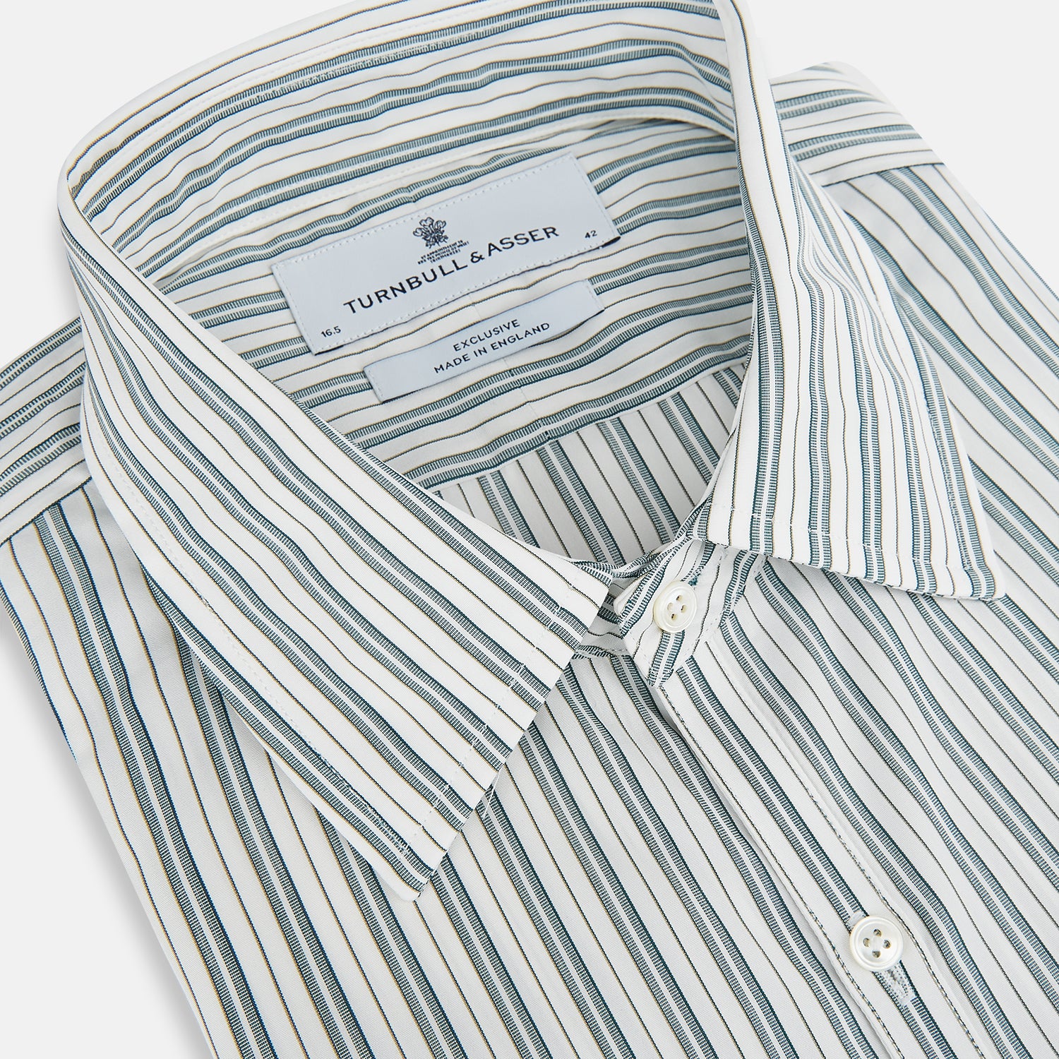 View 2 of product The OLIVE & SAGE GREEN MULTI TRACK STRIPE WESTMINSTER SHIRT by Turnbull & Asser features a classic Turnbull collar and long sleeves, showcasing British craftsmanship with its striped design, presented against a white background.