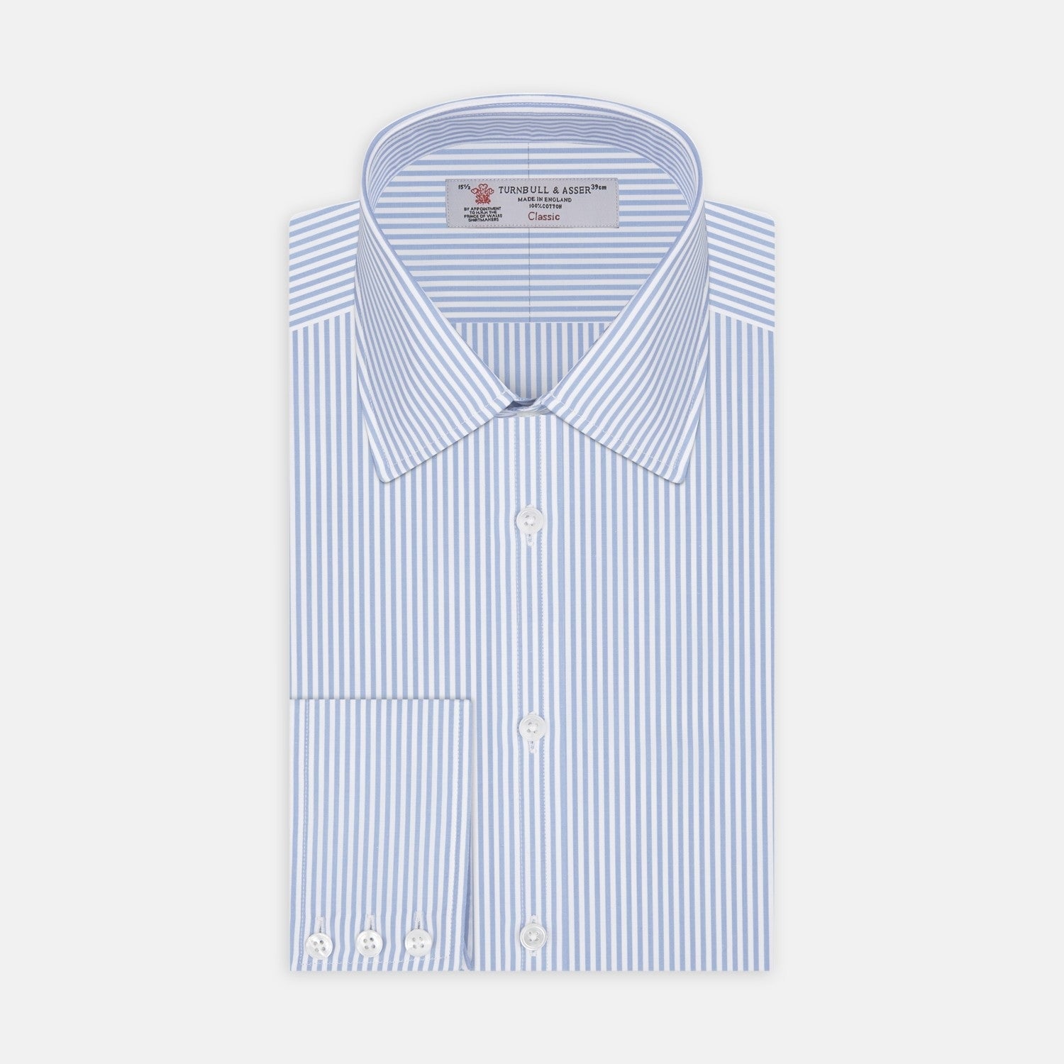 View 2 of product A close-up of Turnbull & Asser’s Light Blue Bengal Stripe Cotton Fabric shows its light blue and white vertical stripes pattern inside a gray circular frame on a white background.