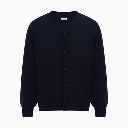 Navy Fine Merino V-Neck Cardigan Image 4