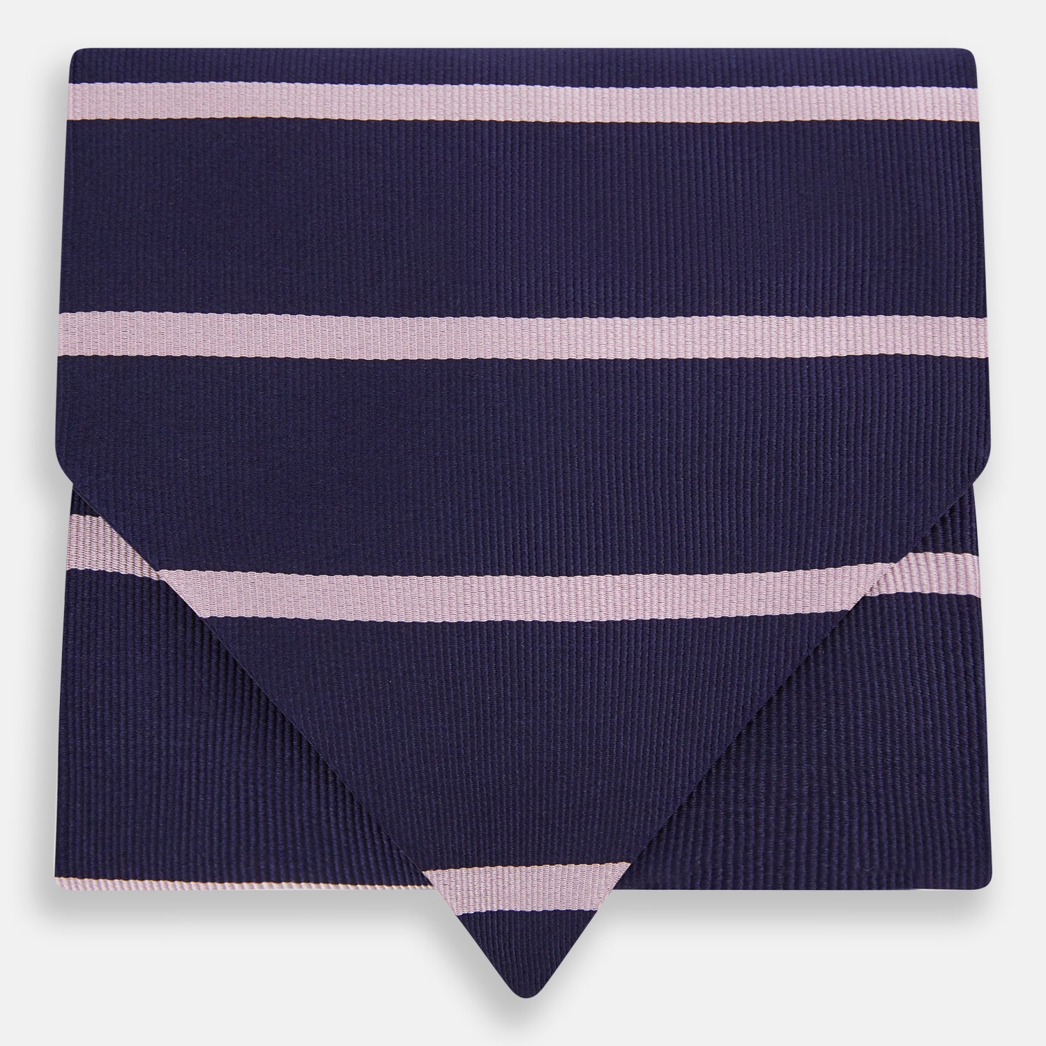 View 1 of product The Turnbull & Asser Pink Stripe and Navy Silk Cravat features evenly spaced light pink stripes on navy silk—a refined British style wedding accessory, elegantly displayed against a white background.