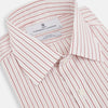 View 2 of product The Red Multi Ticking Stripe Mayfair Shirt by Turnbull & Asser features thin red and blue vertical stripes on white, a T&A collar, long sleeves, and button-up design.