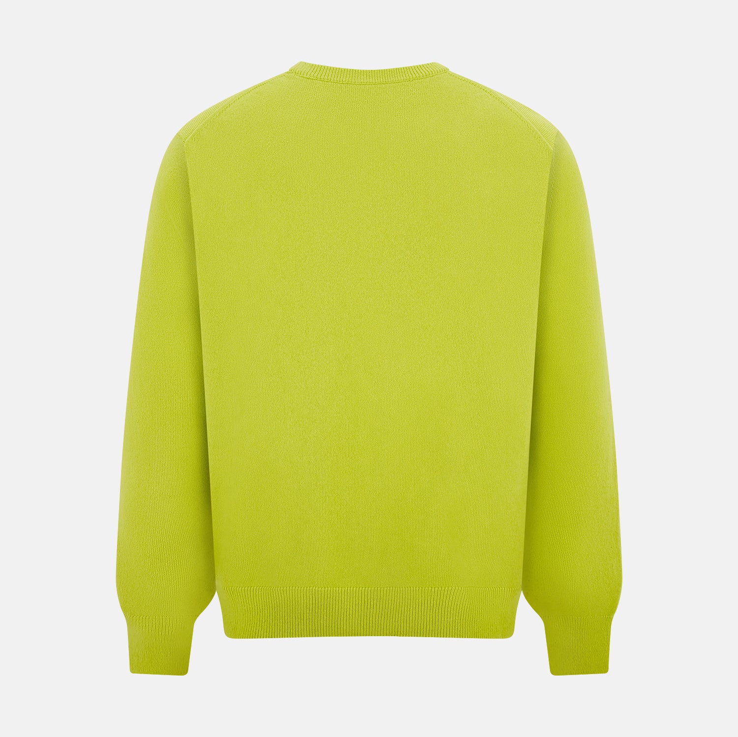 View 8 of product The Turnbull & Asser Lemon Green Cashmere Round Neck Jumper features long sleeves with ribbed cuffs and hem, displayed on a white background.