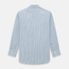 View 3 of product The Turnbull & Asser Sky Blue Double Stripe Mayfair Shirt features sky blue and white vertical stripes, a T&A collar, buttoned cuffs, and is displayed flat on a white background.