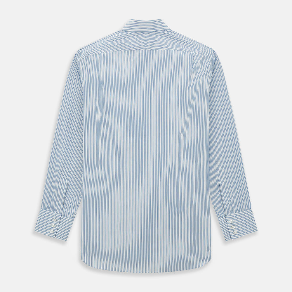 The Turnbull & Asser Sky Blue Double Stripe Mayfair Shirt features sky blue and white vertical stripes, a T&A collar, buttoned cuffs, and is displayed flat on a white background.