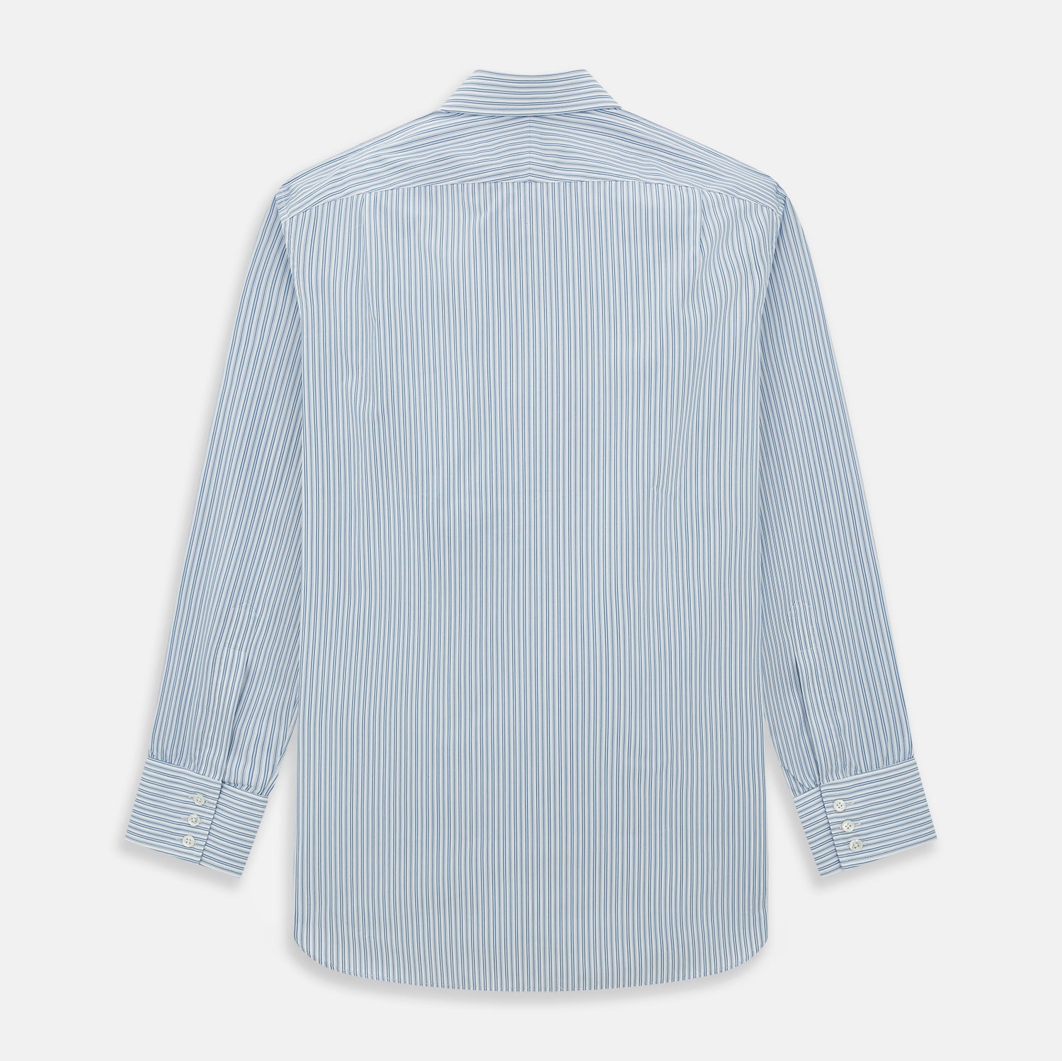 View 3 of product The Turnbull & Asser Sky Blue Double Stripe Mayfair Shirt features sky blue and white vertical stripes, a T&A collar, buttoned cuffs, and is displayed flat on a white background.