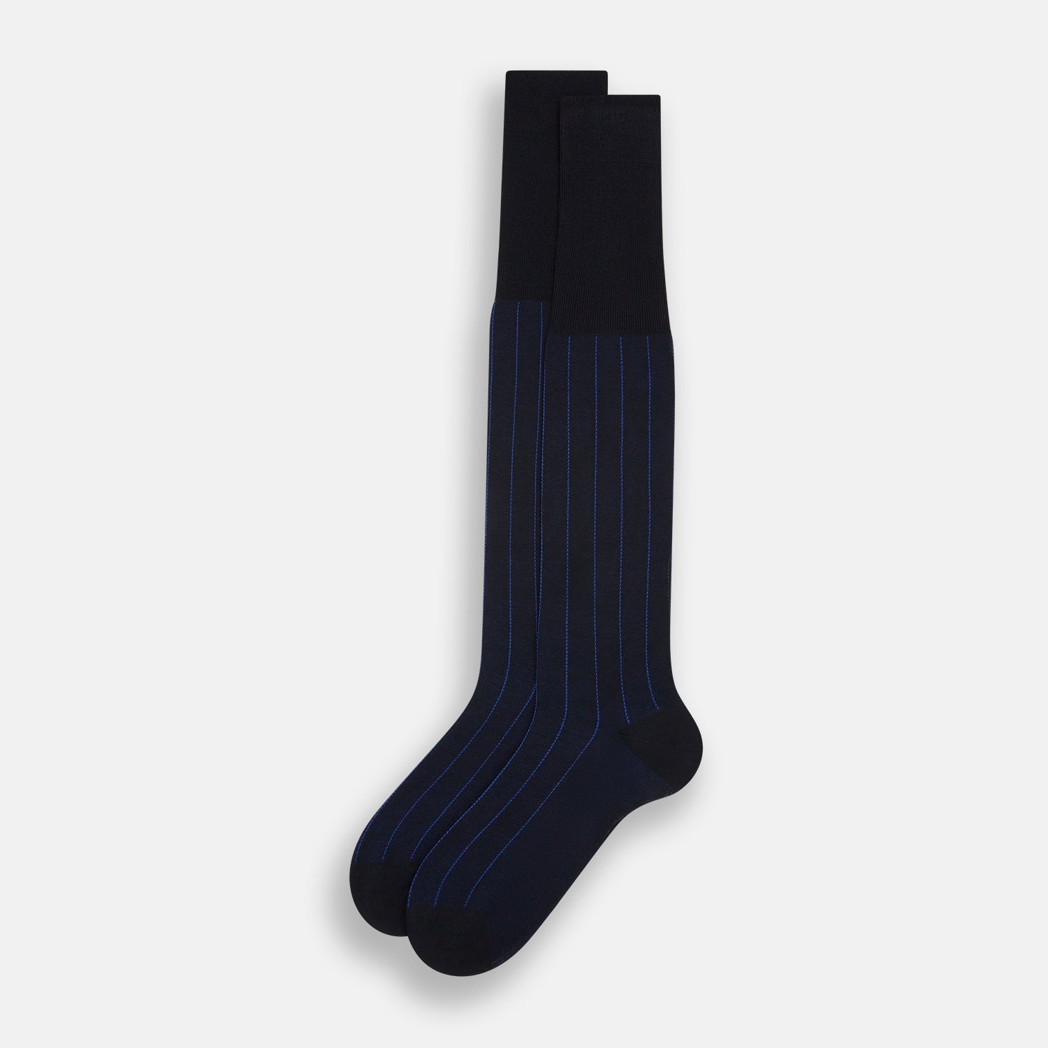 View 2 of product The Turnbull & Asser Azzurro/violet Dash Striped Long Sock, crafted from mercerised Egyptian cotton, features thin blue pinstripes on black and is shown upright against a plain white background.