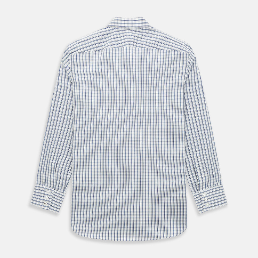 The Azzurro Multi Check Westminster Shirt by Turnbull & Asser is a long-sleeve, button-up with a white base and blue and gray checks, displayed flat against a white background.