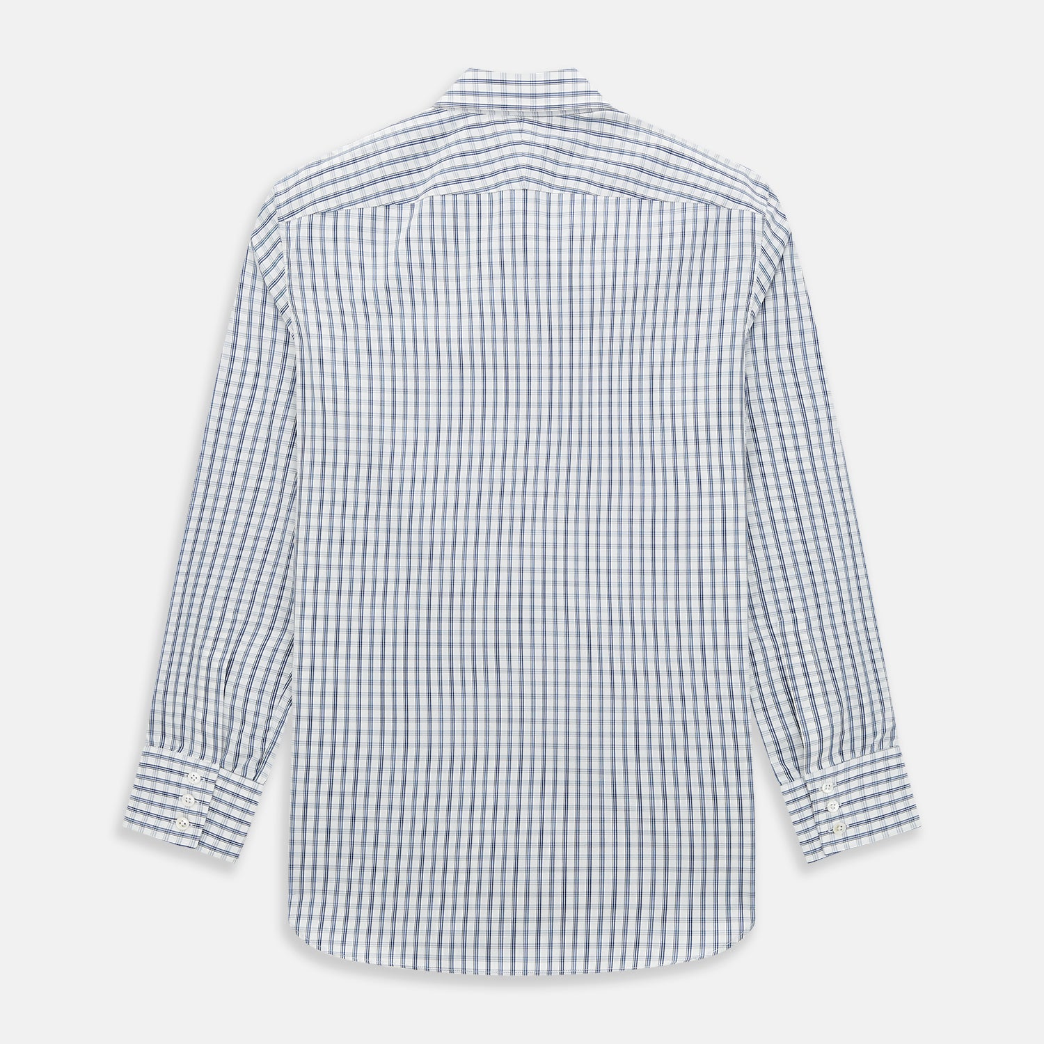 View 3 of product The Azzurro Multi Check Westminster Shirt by Turnbull & Asser is a long-sleeve, button-up with a white base and blue and gray checks, displayed flat against a white background.