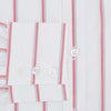 View 4 of product The Turnbull & Asser Coral Track Stripe Mayfair Shirt features a white Italian cotton fabric with vertical red stripes and a pointed T&A collar, shown against a plain light background.
