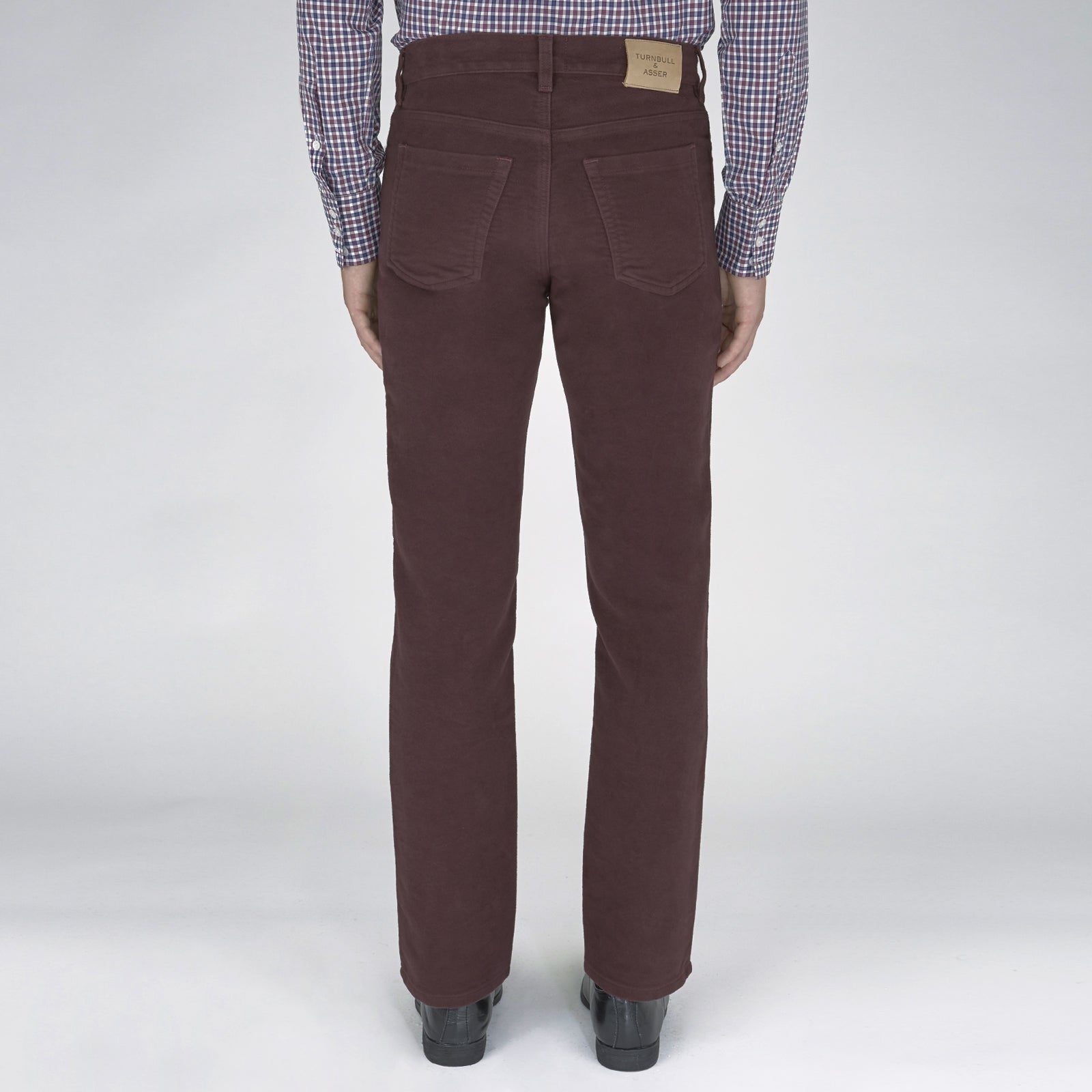 View 3 of product A pair of Purple 5 Pocket Jeans by Turnbull & Asser, featuring a straight-leg, high-waisted design with front and back pockets, displayed against a plain white background.