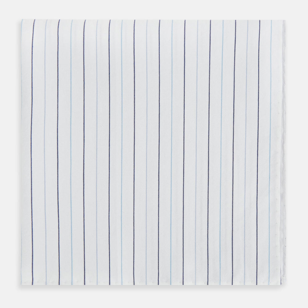 The Turnbull & Asser Navy and Blue Wide Pinstripe Hand-Rolled Handkerchief features bold vertical stripes and is shown flat on a white background.