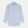 View 1 of product The Turnbull & Asser Blue Multi Stripe Cotton Regular Fit Whitby Shirt features white vertical stripes, long sleeves, button-down front, pointed collar, and buttoned cuffs, shown laid flat on a white background.
