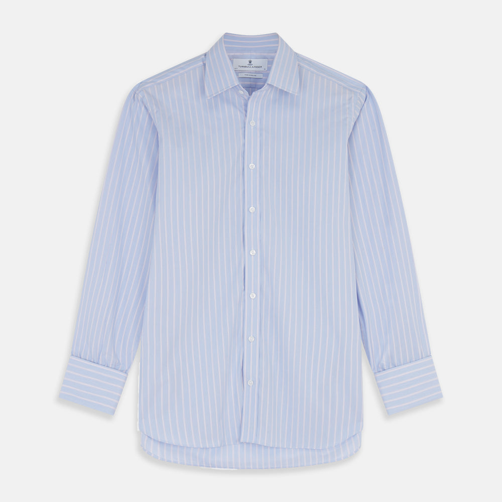 The Turnbull & Asser Blue Multi Stripe Cotton Regular Fit Whitby Shirt features white vertical stripes, long sleeves, button-down front, pointed collar, and buttoned cuffs, shown laid flat on a white background.