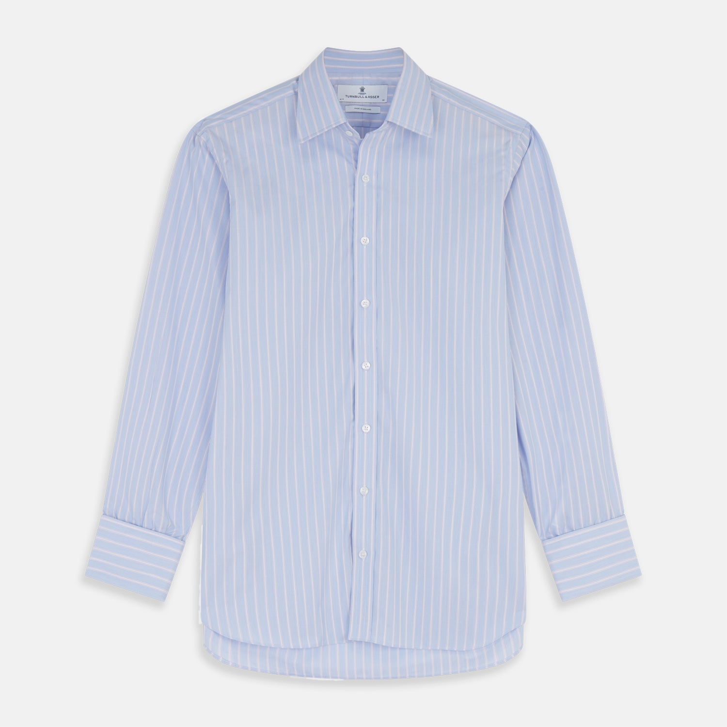 View 1 of product The Turnbull & Asser Blue Multi Stripe Cotton Regular Fit Whitby Shirt features white vertical stripes, long sleeves, button-down front, pointed collar, and buttoned cuffs, shown laid flat on a white background.