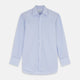 The Turnbull & Asser Blue Multi Stripe Cotton Regular Fit Whitby Shirt features white vertical stripes, long sleeves, button-down front, pointed collar, and buttoned cuffs, shown laid flat on a white background.