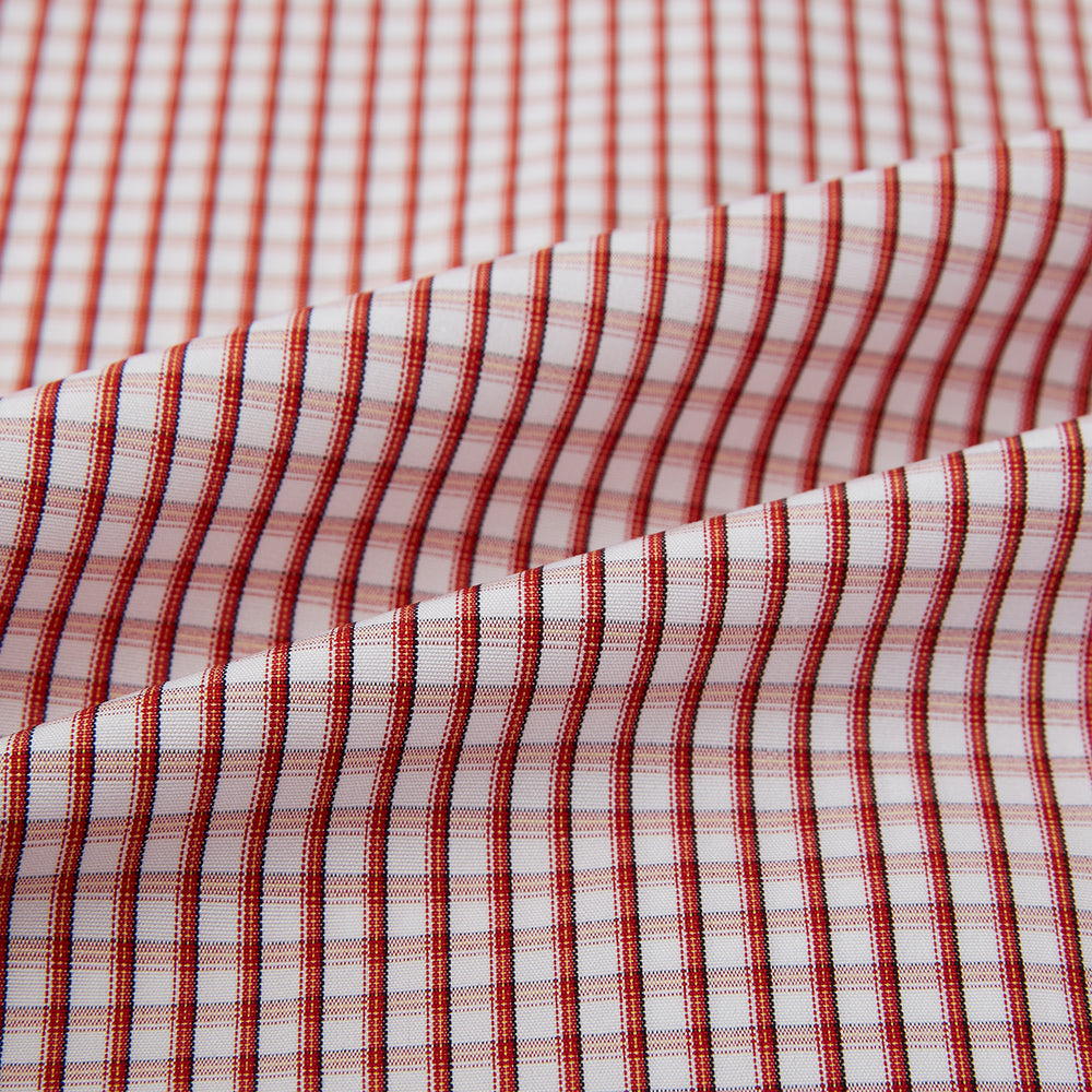 The Turnbull & Asser Red Micro Shadow Check Mayfair Shirt, made from premium Italian cotton with a classic collar and buttoned cuffs, is shown on a plain white background.