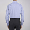 View 3 of product The Turnbull & Asser Blue Hairline Stripe Shirt features a T&A collar, 3-button cuffs, and white buttons. Made from light blue cotton with subtle stripes, it’s neatly folded with the label visible inside the collar on a plain white background.