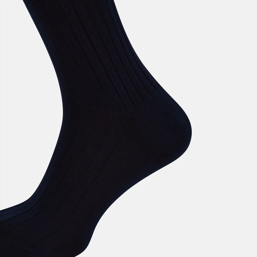 A single Navy Thick Knit Mid-Length Sock by Turnbull & Asser is shown in side profile against a plain white background, with the toe pointing left and the cuff at the top.