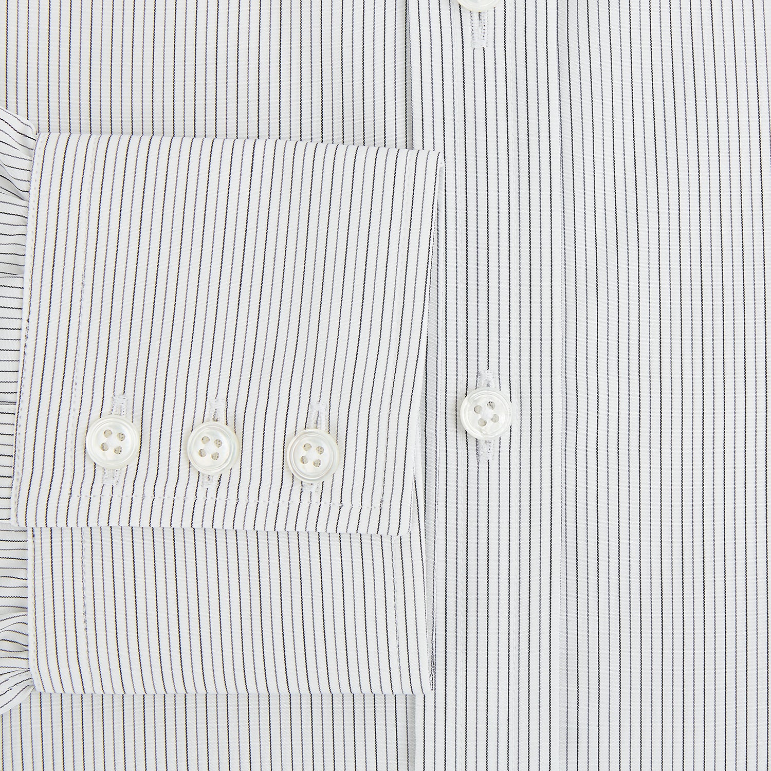 View 4 of product The Turnbull & Asser Midnight Blue and Grey Fine Stripe Mayfair Shirt features long sleeves, pure cotton fabric, a pointed collar, button-down front, and buttoned cuffs—ideal for formal wear.