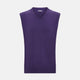 The Turnbull & Asser Purple Cashmere V-Neck Vest for men is shown against a white background. Featuring a ribbed hem and clean lines, this sleeveless jumper is ideal for layering in cooler weather.