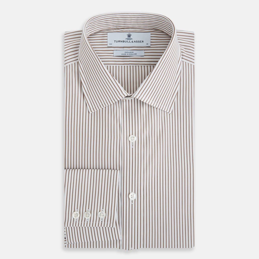 The Coffee Shadow Stripe Mayfair Shirt by Turnbull & Asser is a long-sleeve, button-down style with a T&A collar and fine beige and white stripes, crafted from premium Italian cotton and shown on a white background.