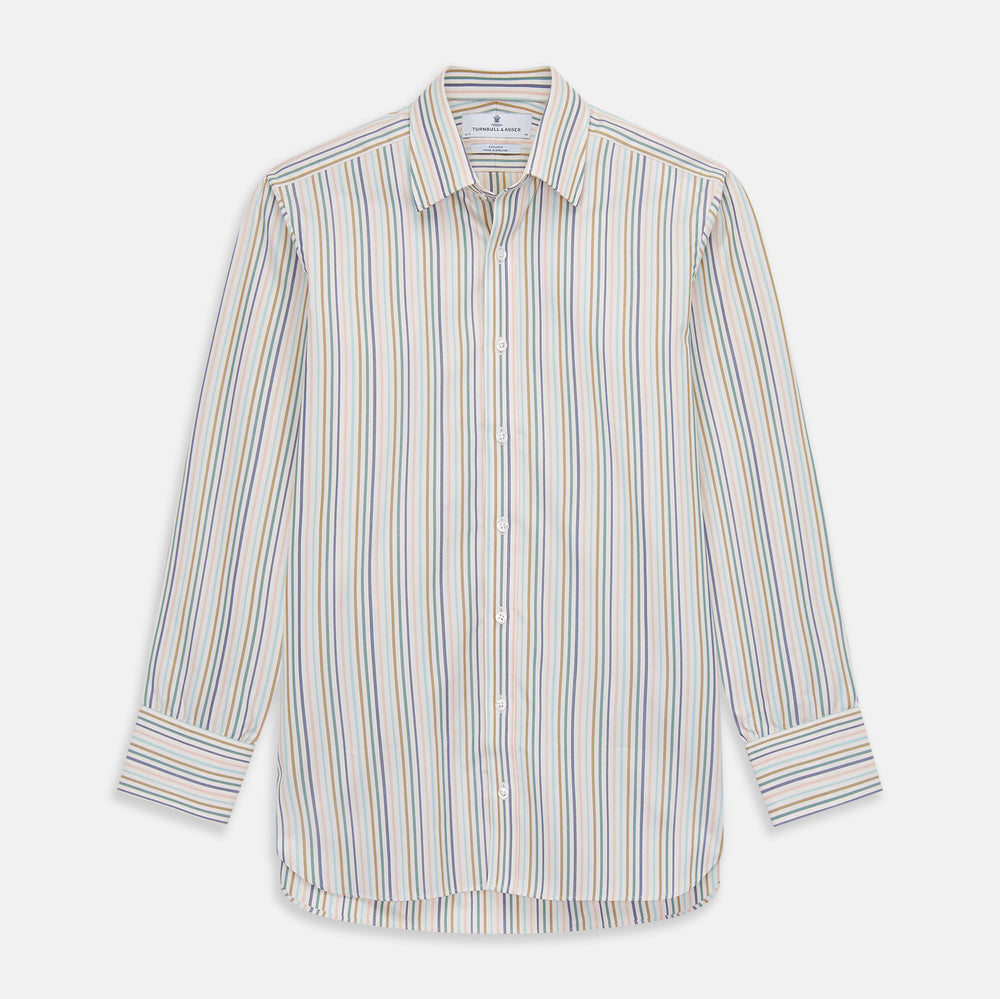 The Green Multi Stripe Regular Fit Shirt by Turnbull & Asser features a T&A collar, 3 button cuffs, and thin blue, green, yellow, and red stripes on white—adding a lively touch to any wardrobe.