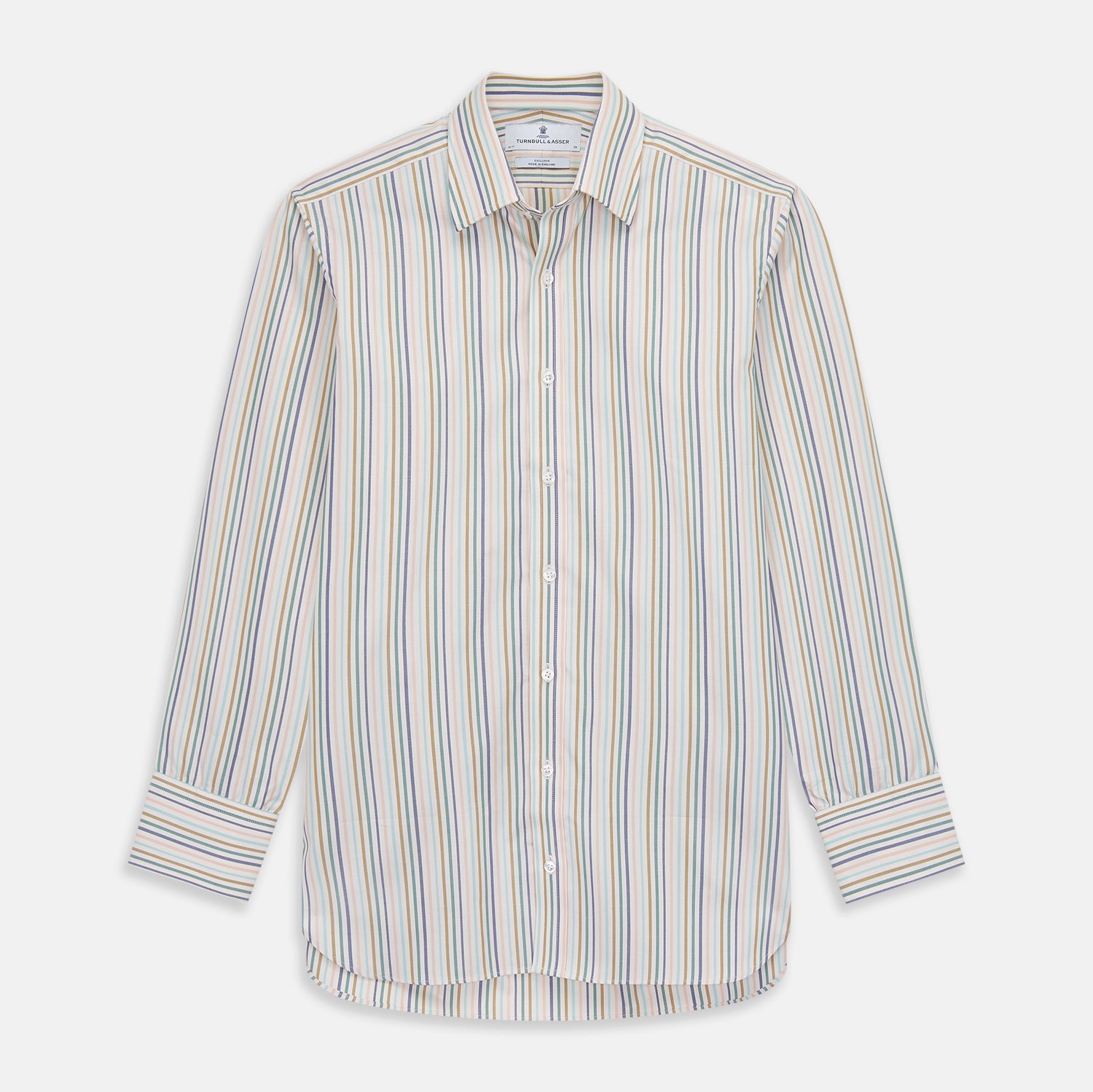 View 1 of product The Green Multi Stripe Regular Fit Shirt by Turnbull & Asser features a T&A collar, 3 button cuffs, and thin blue, green, yellow, and red stripes on white—adding a lively touch to any wardrobe.