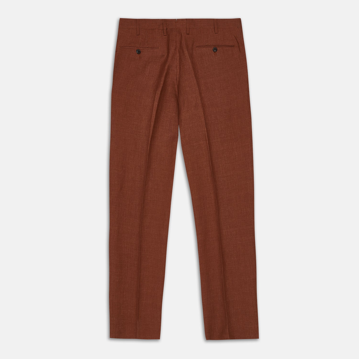 View 3 of product Turnbull & Asser’s Rust Linen-Wool-Silk Gerry Trousers, in a classic fit with straight legs, pleats, belt loops, and front button-zip closure, are neatly displayed flat on a white background.