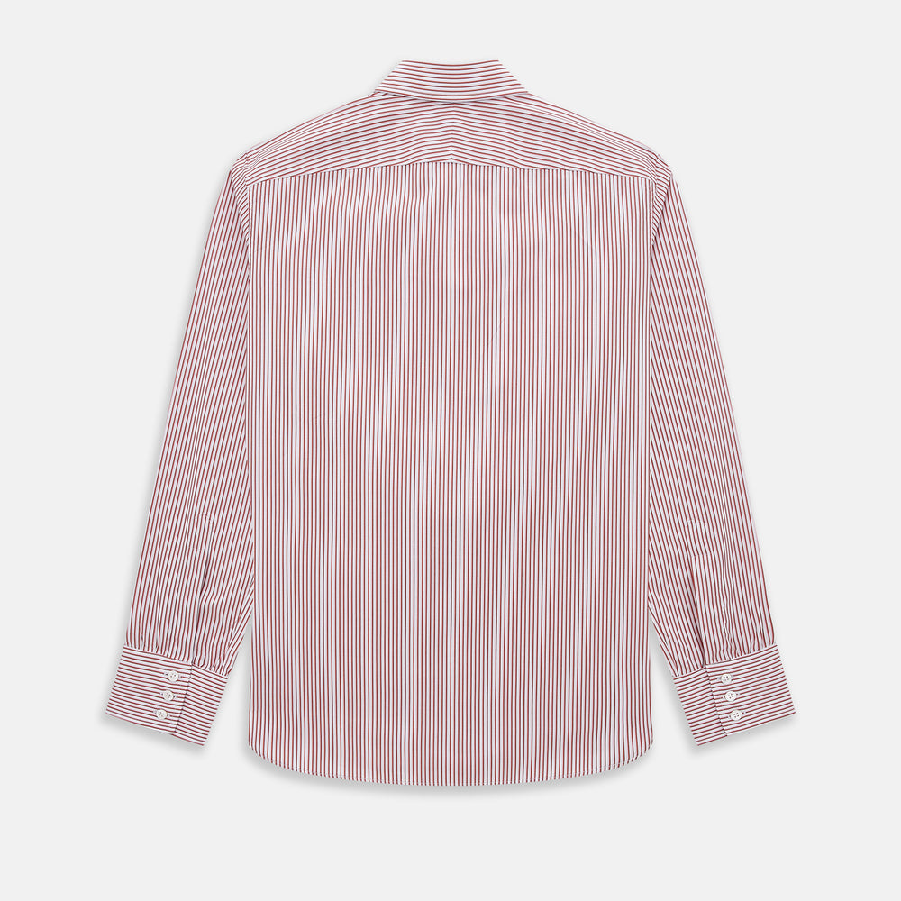 The Red Shadow Stripe Westminster Shirt by Turnbull & Asser features long sleeves, a Turnbull collar, thin red and white vertical stripes, white buttons, and showcases British craftsmanship against a plain white background.