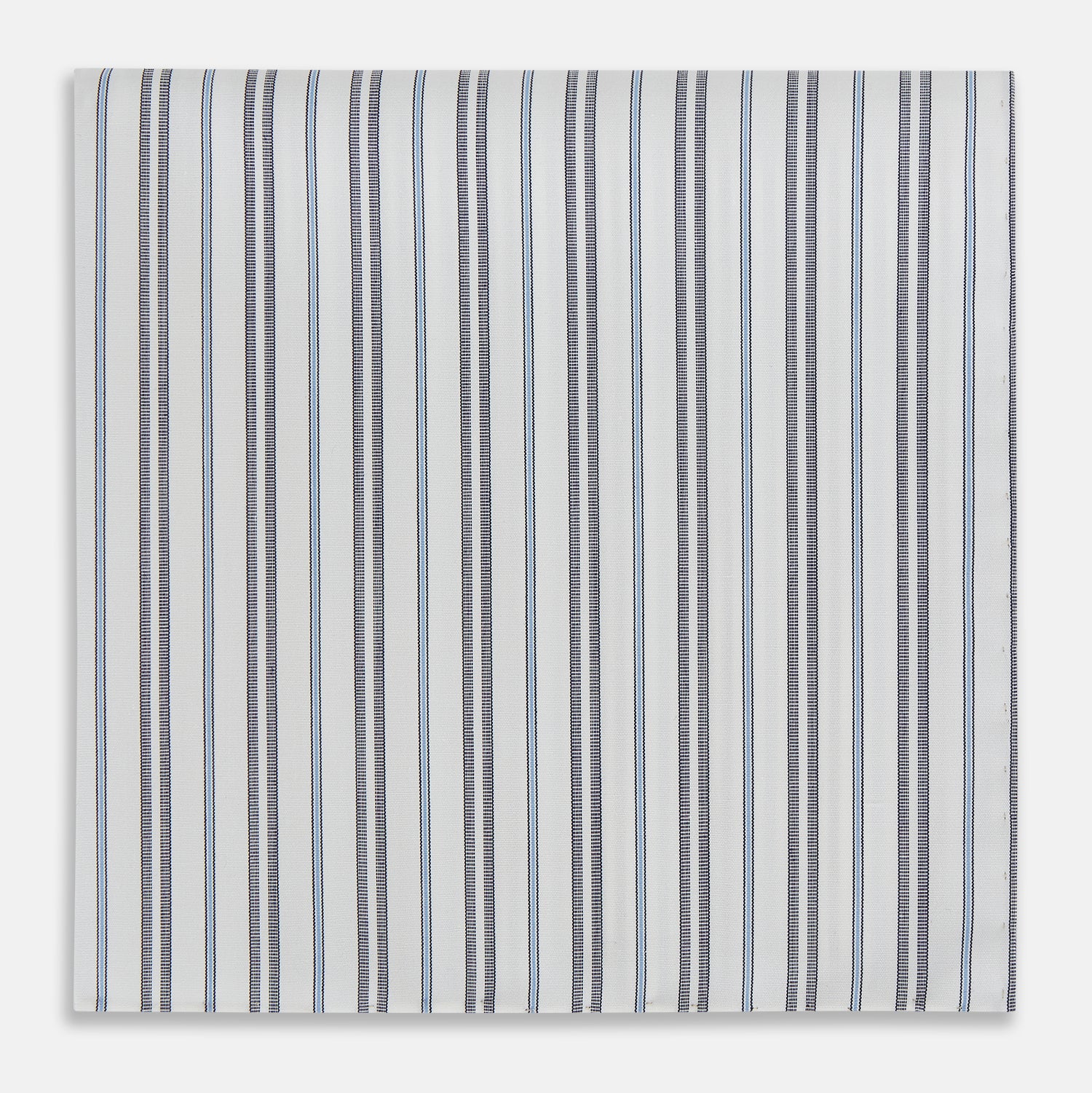 View 1 of product The Turnbull & Asser Navy and Light Blue Track Stripe Hand-Rolled Handkerchief features vertical stripes in blue, black, and gray on white with hand-rolled edges, expertly crafted in England.