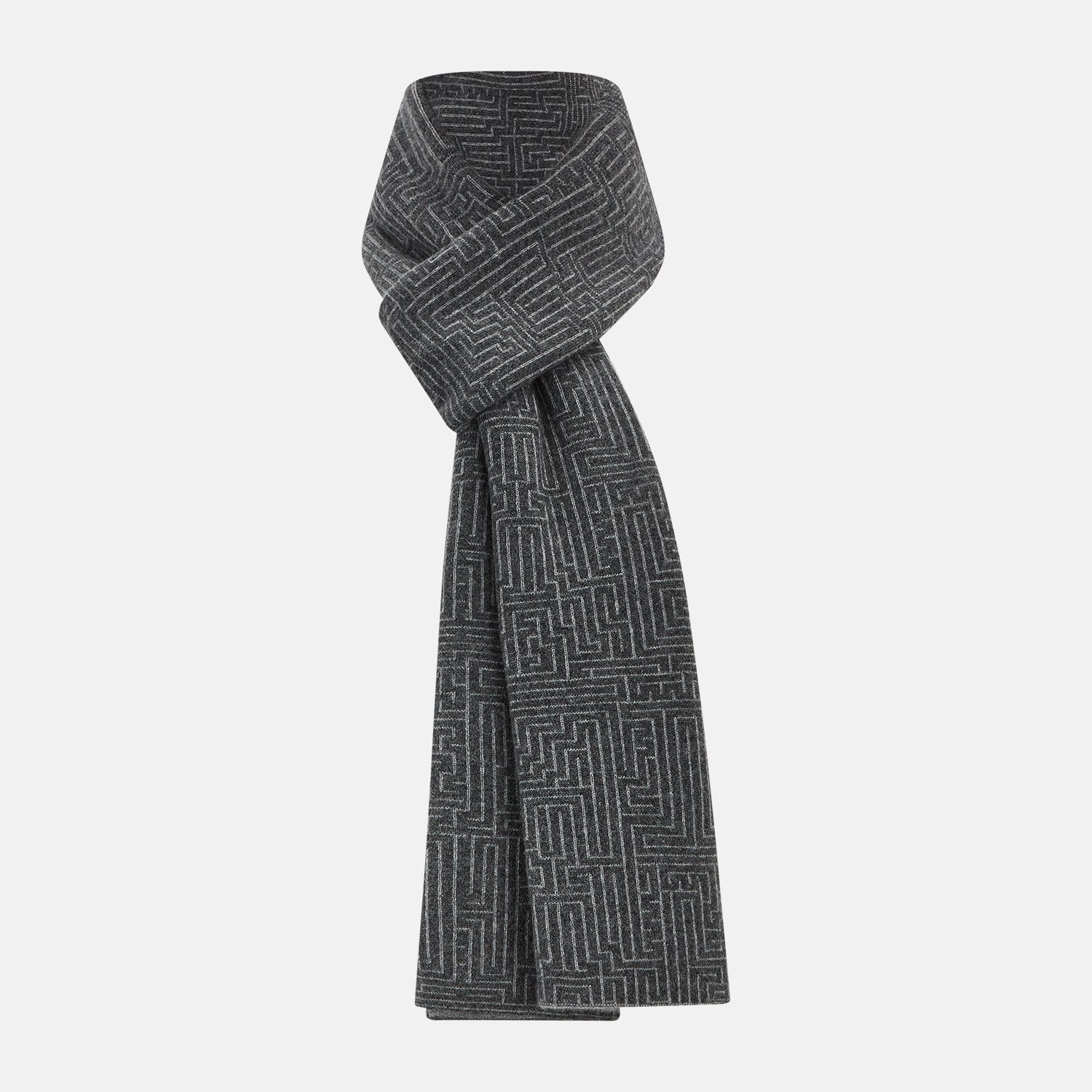 View 1 of product The Turnbull & Asser Grey Fretwork Cashmere Knitted Scarf showcases a geometric maze-like pattern in gray, elegantly looped with draped ends—an essential accessory set against a plain white background.