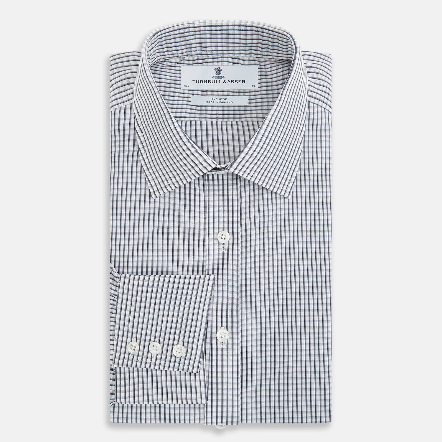 View 5 of product The Grey Double Graph Mayfair Shirt by Turnbull & Asser is a long-sleeve, button-down cotton shirt with a black and white double graph check, chest pocket, and classic collar.
