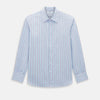 View 1 of product The Turnbull & Asser Blue and Burgundy Multi-Stripe Westminster Shirt features a pointed collar and long sleeves, laid flat on a white background to highlight its fine British craftsmanship.