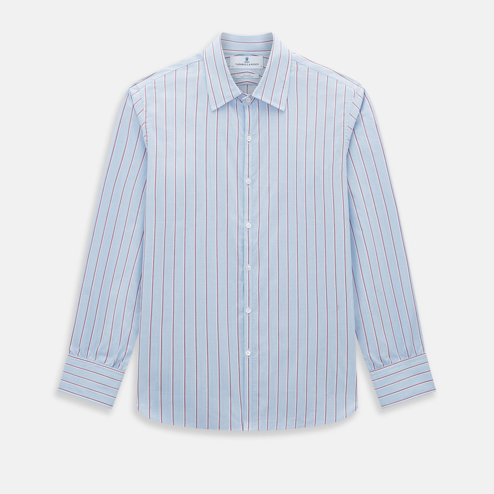 The Turnbull & Asser Blue and Burgundy Multi-Stripe Westminster Shirt features a pointed collar and long sleeves, laid flat on a white background to highlight its fine British craftsmanship.
