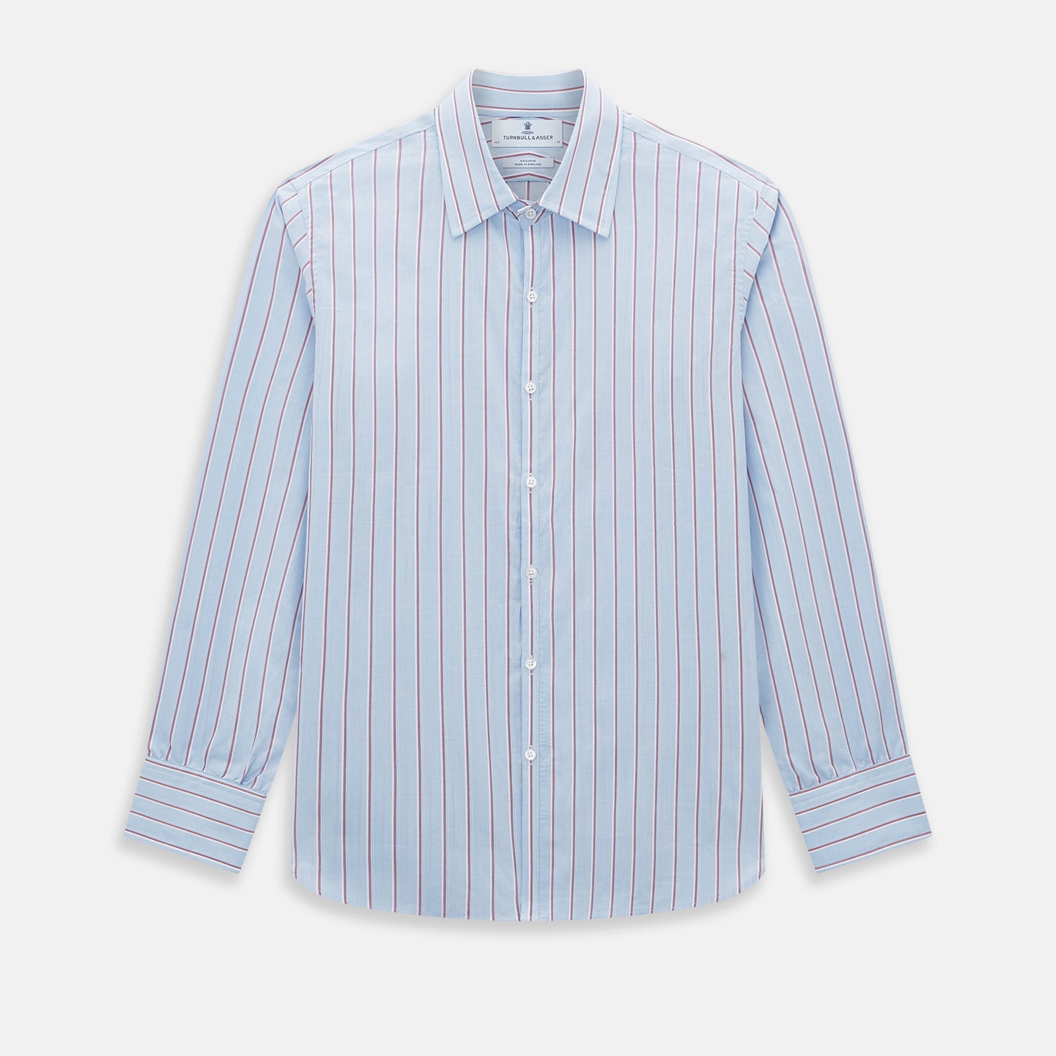 View 1 of product The Turnbull & Asser Blue and Burgundy Multi-Stripe Westminster Shirt features a pointed collar and long sleeves, laid flat on a white background to highlight its fine British craftsmanship.