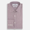 View 5 of product The Turnbull & Asser Burgundy Shadow Stripe Mayfair Shirt is a long-sleeved button-up with thin vertical burgundy stripes, classic collar, and buttoned cuffs, shown laid flat on a white background.