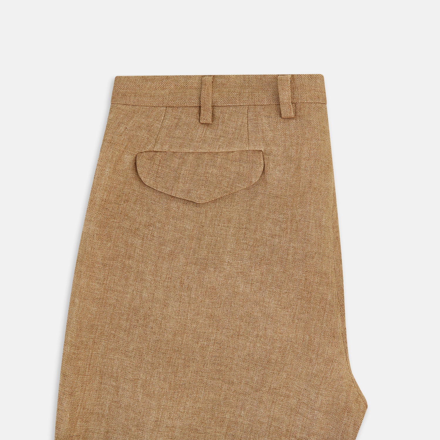 View 5 of product The Turnbull & Asser Camel Striped Linen Edmund trousers feature a straight-leg fit, button and zipper closure, belt loops, and pockets, crafted from lightweight summer fabric and shown against a white background.